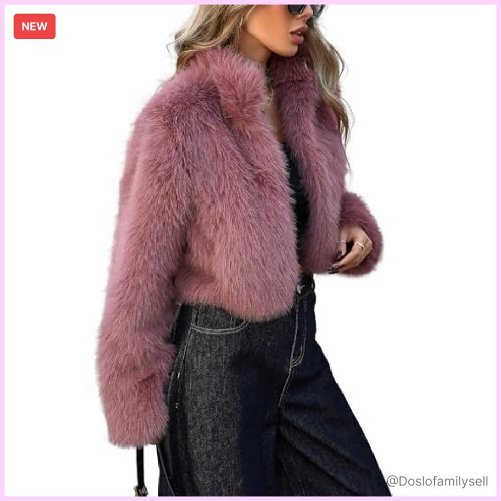 Stand Collar Faux Fur Jacket Long Sleeve Open Front Fluffy Elegant Winter Coat - Picture 5 of 8